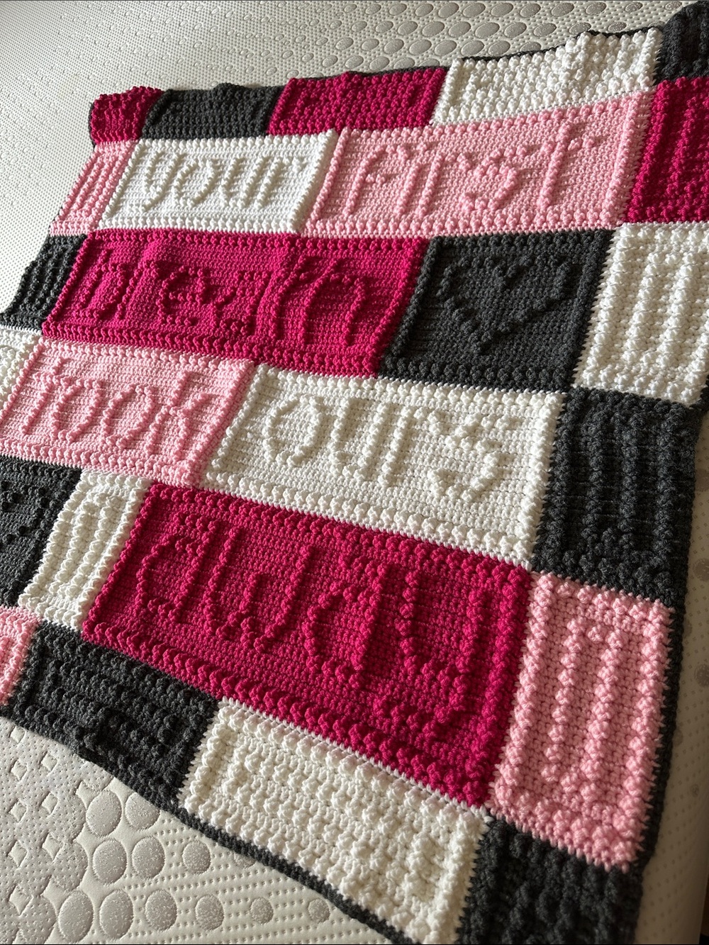 Handmade Pink, White & Gray Crochet Patchwork Baby Blanket